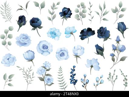 Vector Pastel-Colored Flower And Botanical Element Illustration Set Isolated On A White Background. Stock Vector