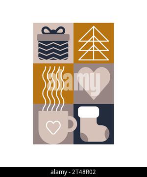 Trendy bauhaus pattern Christmas poster. Vector geometric winter shapes. Simple modern design elements. Fashion retro print for greeting card, web Stock Vector