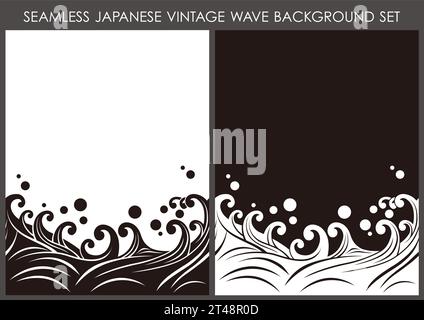 Japanese Vintage Seamless Wave Pattern With Text Space Set. Vector Illustration. Horizontally Repeatable. Stock Vector