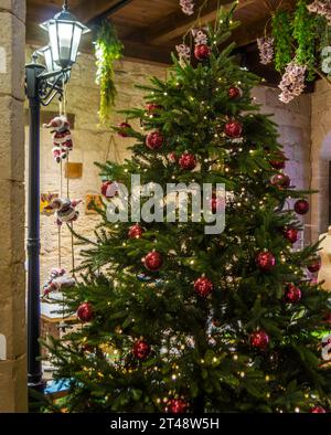 The green Christmas tree with red balls, and the blue lights above. Stock Photo