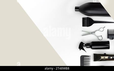 Composition with scissors, other hairdresser's accessories on white background. Professional items for a hairdressers, haircuts on a white background Stock Photo