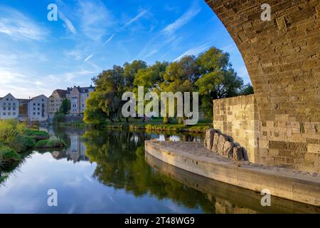 Under the Stone Bridge in Regensburg, Danube River, Upper Palatinate, Bavaria, Germany, Europe Stock Photo