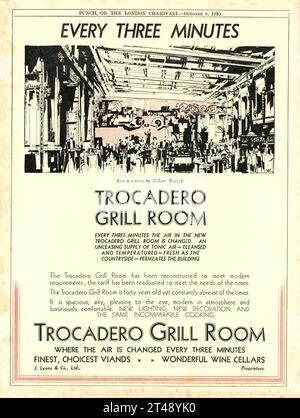 The Newly Reconstructed TROCADERO GRILL ROOM Coventry Street, London Proprietors J. Lyons & Co., Ltd. 1930 British Magazine Advertisement. Stock Photo