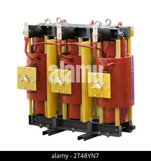 Industrial electric transformer for power supply isolated on white Stock Photo