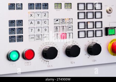 CNC remote at the machine. Programmable milling machine. Programmable machine with digital control. Milling industry. CNC technology. Industrial equip Stock Photo