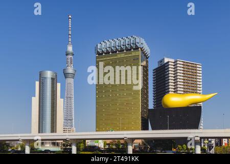 Tokyo, Japan - April 09, 2023: Sumida skyline in Tokyo. To see are the Sumida City Office, Tokyo skytree and the Asahi Beer hall. Stock Photo