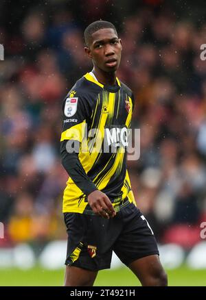 Watford's Yaser Asprilla in action during the Sky Bet Championship match at Vicarage Road, Watford. Picture date: Saturday October 28, 2023. Stock Photo