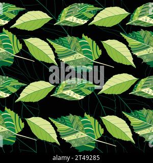Decorarated green leaves with circles and lines  repeating in rows over black background Stock Vector