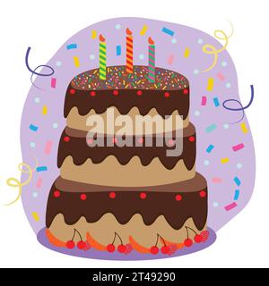 Huge chocolate cake with three candles sprinkles and fruit Stock Vector