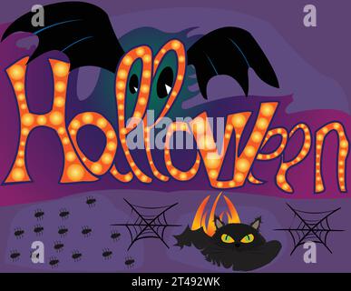 Halloween illustration with writing with bat wings and black cat; Wallpaper for spooky events Stock Vector