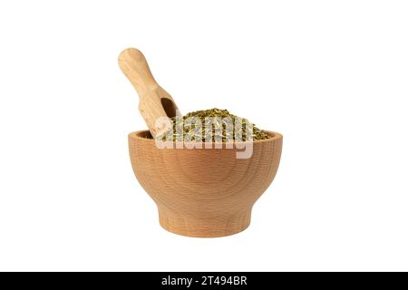 passion flower herb in latin - passiflora incarnata in wooden bowl and scoop isolated on white background. Medicinal herb. Stock Photo