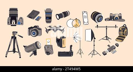 Camera devices color icons. Professional equipments. Vector isolated illustration. Stock Vector