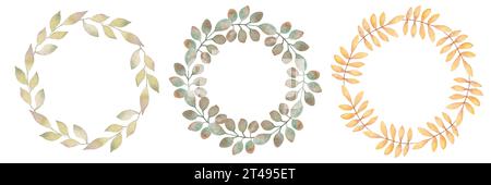 A set of elegant round frames, garlands, wreaths or borders made from branches with leaves. Botanical design element. Suitable for Thanksgiving cards Stock Photo