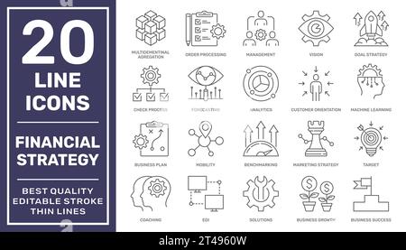 Financial strategy vector icons set. Business and finance web icon set - outline icon collection, vector Editable Stroke. EPS 10 Stock Vector