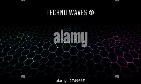 Hexagon waves. Abstract background. 3d techno waves, technology digital lines, ai data pattern, light space. Pattern on black. Banner or poster templa Stock Vector