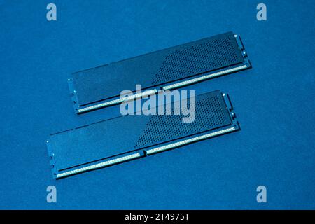 computer RAM chip. memory modules. Computer technology. concept of PC hardware. DIMM DDR4 with neon backlight Stock Photo