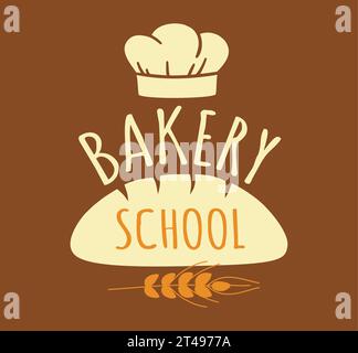 Bakery school. Handmade bread logo. Cafe logotype template. Chef hat, bread and ear of wheat. Stickers with lettering. Emblem or label design. Food pr Stock Vector