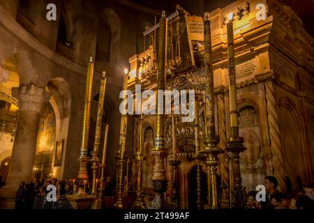 The Aedicule (alleged Jesus Christ's tomb), a Christian shrine, in the Church of the Holy Sepulchre in Old City of Jerusalem, Israel. Stock Photo