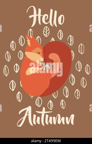 Hello autumn card. Little squirrel. Forest animal and lettering. Woodland mammal. Cute wildlife character sleeping. Postcard design. Childish print or Stock Vector