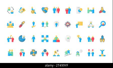 People, community flat icons set vector illustration. Human society and business team organization symbols, silhouettes of person and family, gender equality, support and partnership. Stock Vector