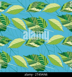 Decorarated green leaves with circles and lines  repeating in rows over blue background Stock Vector