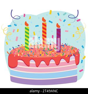 Colorful cake with three candles and sprinkles; isolated design for birthday celebration Stock Vector