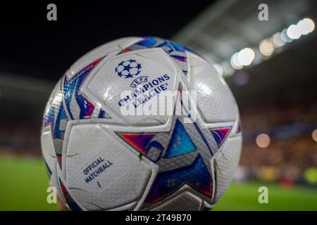 LENS, FRANCE - OCTOBER 24: Official match ball with UEFA Champions League logo during the UEFA Champions League match between RC Lens and PSV Eindhove Stock Photo