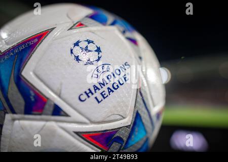 LENS, FRANCE - OCTOBER 24: Official match ball with UEFA Champions League logo during the UEFA Champions League match between RC Lens and PSV Eindhove Stock Photo