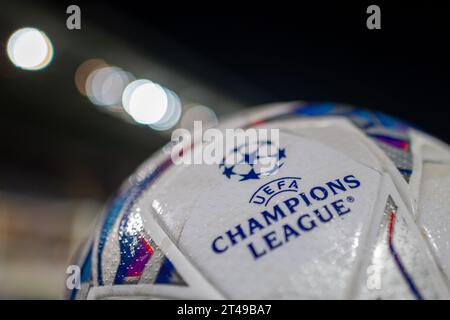 LENS, FRANCE - OCTOBER 24: Official match ball with UEFA Champions League logo during the UEFA Champions League match between RC Lens and PSV Eindhove Stock Photo