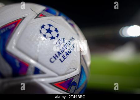 LENS, FRANCE - OCTOBER 24: Official match ball with UEFA Champions League logo during the UEFA Champions League match between RC Lens and PSV Eindhove Stock Photo