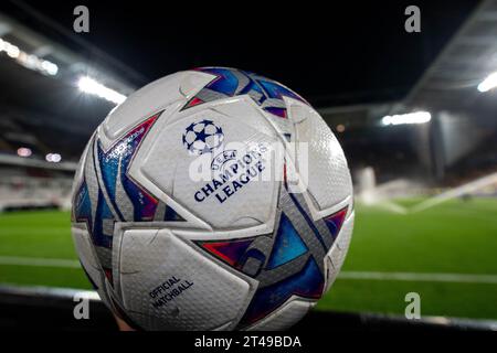 LENS, FRANCE - OCTOBER 24: Official match ball with UEFA Champions League logo during the UEFA Champions League match between RC Lens and PSV Eindhove Stock Photo