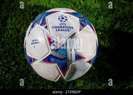 LENS, FRANCE - OCTOBER 24: Official match ball with UEFA Champions League logo during the UEFA Champions League match between RC Lens and PSV Eindhove Stock Photo