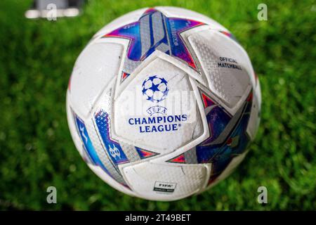 LENS, FRANCE - OCTOBER 24: Official match ball with UEFA Champions League logo during the UEFA Champions League match between RC Lens and PSV Eindhove Stock Photo