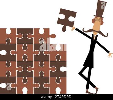 Man in the top hat solving the puzzle.  Cartoon long mustache man in the top hat holding puzzle piece and connecting idea. Isolated on white backgroun Stock Vector