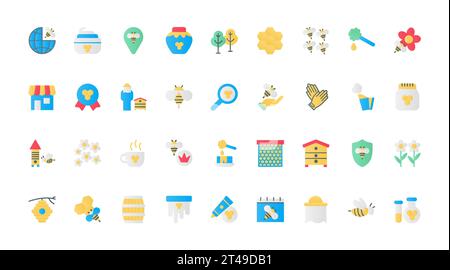 Honey, apiary and beekeeping flat icons set vector illustration. Symbols honey farm collection with propolis and pollen, sweet nectar of flower flavor and honeycomb, beekeeper and beehive. Stock Vector