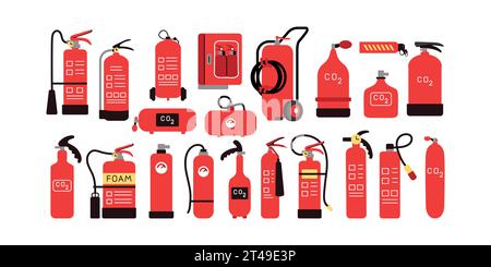 Fire extinguishers color icons set. Portable fire-fighting equipments. Vector isolated illustration. Stock Vector