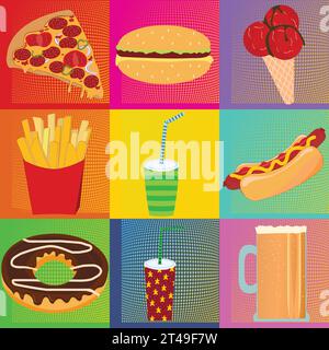 Multicolored background with food icons inspired bu Andy Warhol Stock Vector