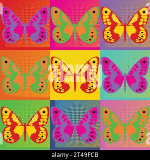 Multicolored butterflies with squared background in vibrant colors Stock Vector