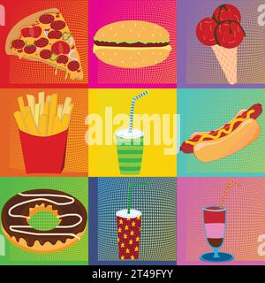 Pop Art Andy Warhol background with dots and food icons; multicolored background with food items Stock Vector