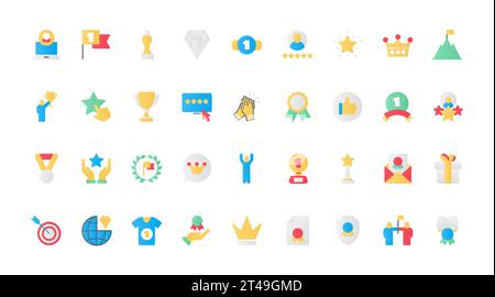 Trophy badges simple collection, premium prize of best quality and trophy of winner, gold stars, diamond and cup reward, crown and laurel. Awards flat icons set vector illustration. Stock Vector