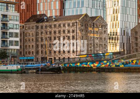 Old and new, traditional and modern buildings. The Grand Canal Dock with the famous Boland's Mills. Dublin. Ireland. Stock Photo