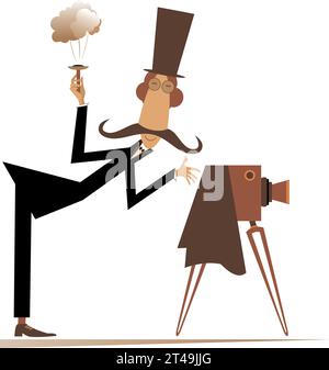 Funny photographer. Retro camera.  Long mustache man in the top hat with a retro camera making a shot. Isolated on white background Stock Vector