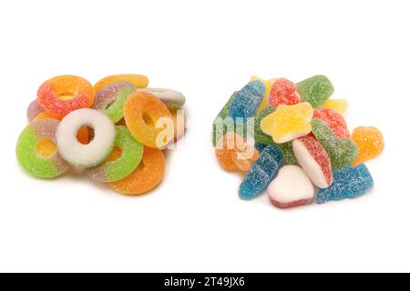 Assorted gummy candies isolated on a white background. Top view. Jelly  sweets. Stock Photo