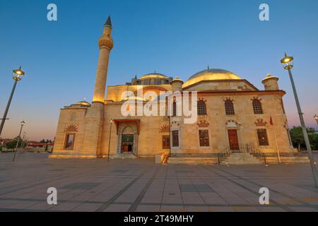 Selimiye Mosque's exterior showcases the classic Ottoman architectural style, featuring graceful domes and towering minarets that reach for the sky in Stock Photo