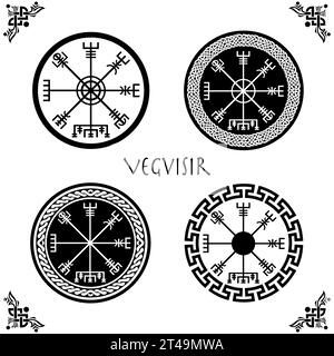 Set of Viking Vegvisir Futhark Rune Magical Navigator Compass with Celtic Knot Circle Frames. Protective runic talisman for travelers. Compass Stock Vector