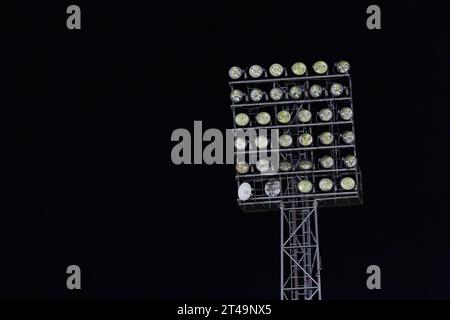 Kortrijk, Belgium. 29th Oct, 2023. Illustration picture shows broken stadium lights during a soccer match between KV Kortrijk and KRC Genk, Sunday 29 October 2023 in Kortrijk, on day 12/30 of the 2023-2024 'Jupiler Pro League' first division of the Belgian championship. BELGA PHOTO KURT DESPLENTER Credit: Belga News Agency/Alamy Live News Stock Photo