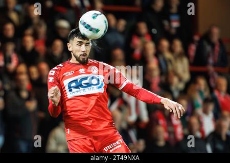 Kortrijk, Belgium. 29th Oct, 2023. Kortrijk's Joao Silva Eira Antunes fight for the ball during a soccer match between KV Kortrijk and KRC Genk, Sunday 29 October 2023 in Kortrijk, on day 12/30 of the 2023-2024 'Jupiler Pro League' first division of the Belgian championship. BELGA PHOTO KURT DESPLENTER Credit: Belga News Agency/Alamy Live News Stock Photo