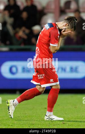 Kortrijk, Belgium. 29th Oct, 2023. Kortrijk's Kristriyan Malinov looks dejected during a soccer match between KV Kortrijk and KRC Genk, Sunday 29 October 2023 in Kortrijk, on day 12/30 of the 2023-2024 'Jupiler Pro League' first division of the Belgian championship. BELGA PHOTO KURT DESPLENTER Credit: Belga News Agency/Alamy Live News Stock Photo