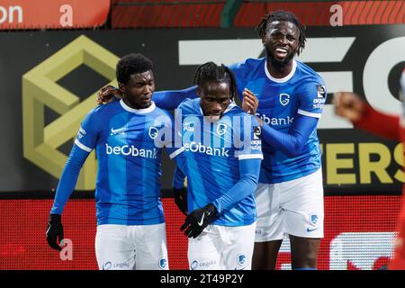 Kortrijk, Belgium. 29th Oct, 2023. Genk's Joseph Paintsil celebrates after scoring during a soccer match between KV Kortrijk and KRC Genk, Sunday 29 October 2023 in Kortrijk, on day 12/30 of the 2023-2024 'Jupiler Pro League' first division of the Belgian championship. BELGA PHOTO KURT DESPLENTER Credit: Belga News Agency/Alamy Live News Stock Photo