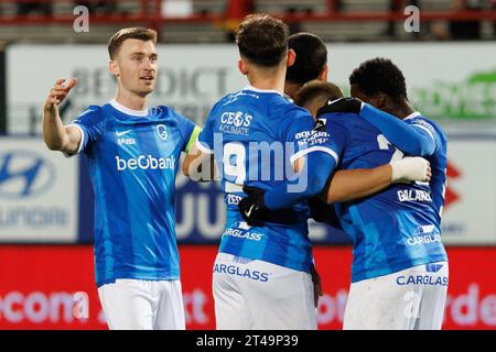 Kortrijk, Belgium. 29th Oct, 2023. Genk's Daniel Munoz Mejia celebrates after scoring during a soccer match between KV Kortrijk and KRC Genk, Sunday 29 October 2023 in Kortrijk, on day 12/30 of the 2023-2024 'Jupiler Pro League' first division of the Belgian championship. BELGA PHOTO KURT DESPLENTER Credit: Belga News Agency/Alamy Live News Stock Photo